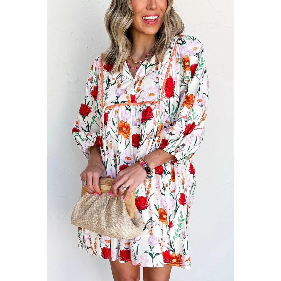 Floral Print 3/4 Puff Sleeve Ricrac Trim Mini Dress Apparel and Accessories