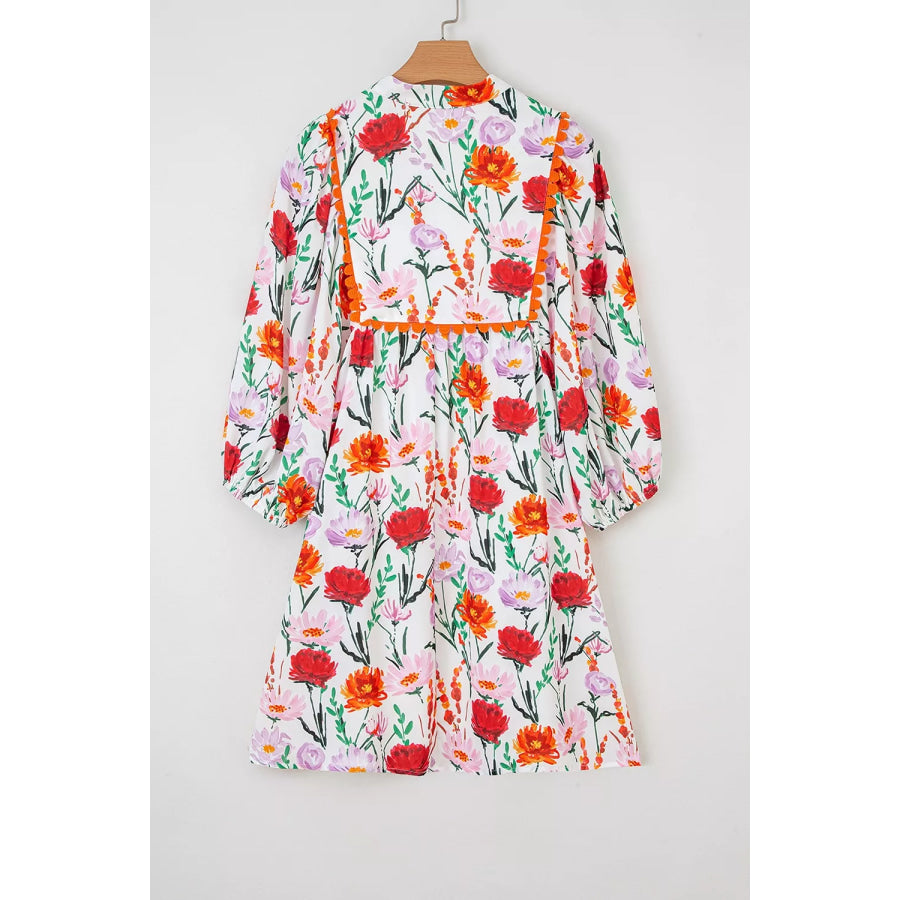 Floral Print 3/4 Puff Sleeve Ricrac Trim Mini Dress Apparel and Accessories
