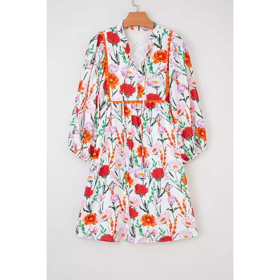 Floral Print 3/4 Puff Sleeve Ricrac Trim Mini Dress Apparel and Accessories