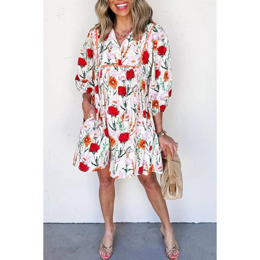 Floral Print 3/4 Puff Sleeve Ricrac Trim Mini Dress Apparel and Accessories