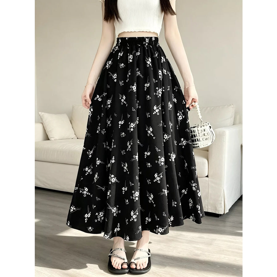 Floral Print A-Line Skirt Black / M Apparel and Accessories