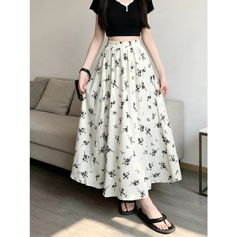 Floral Print A-Line Skirt White / M Apparel and Accessories