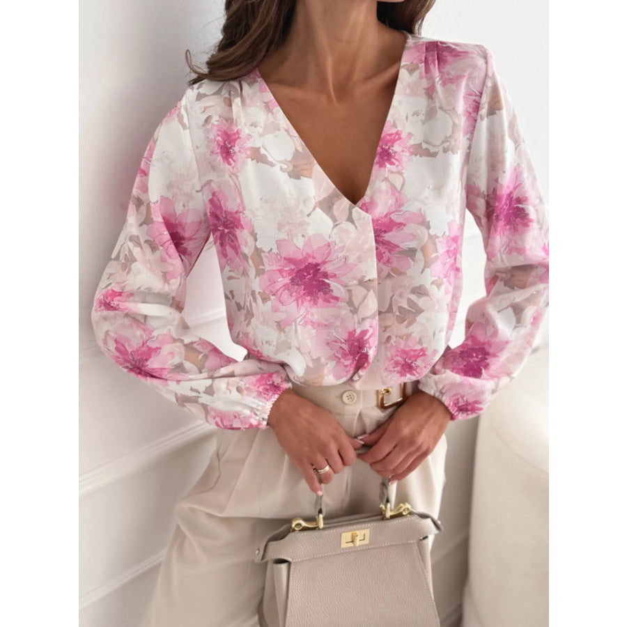 Floral Print Balloon Sleeve Blouse Pink / S Apparel and Accessories