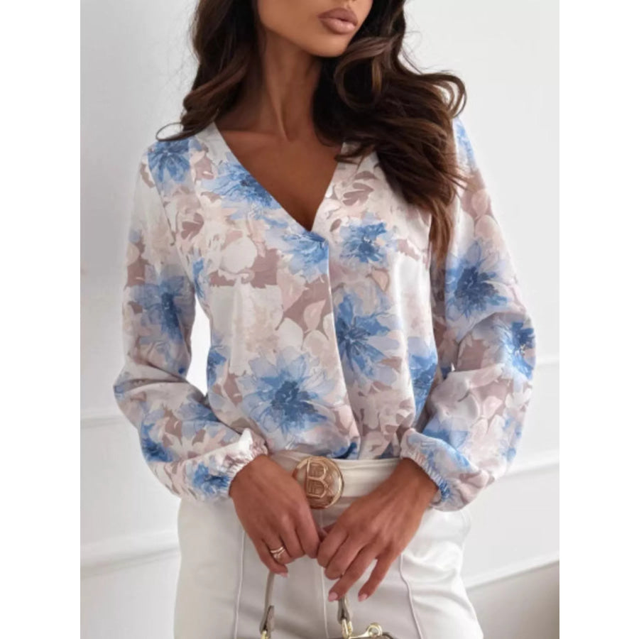 Floral Print Balloon Sleeve Blouse Sky Blue / S Apparel and Accessories