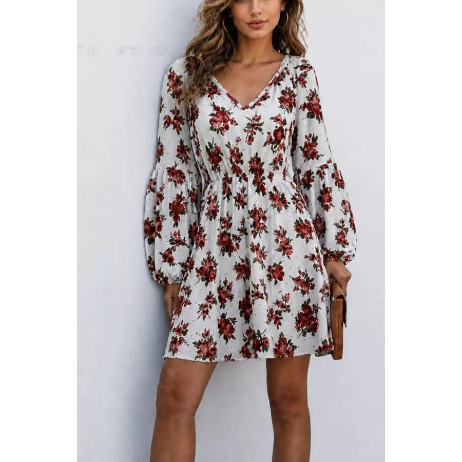 Floral Print Balloon Sleeve Mini Dress Apparel and Accessories