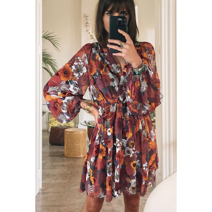 Floral Print Balloon Sleeve Mini Dress Floral / S Apparel and Accessories