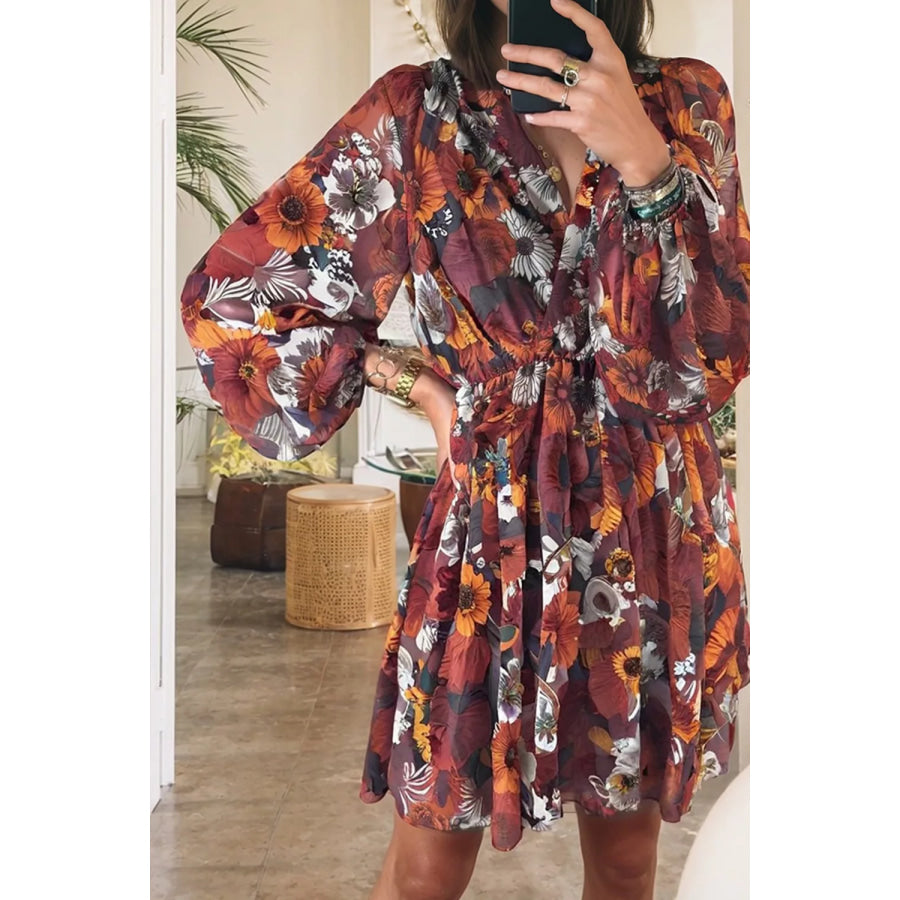Floral Print Balloon Sleeve Mini Dress Floral / S Apparel and Accessories