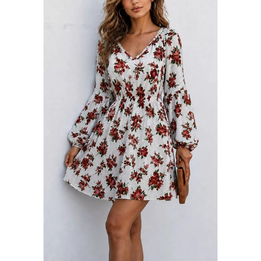 Floral Print Balloon Sleeve Mini Dress White / S Apparel and Accessories