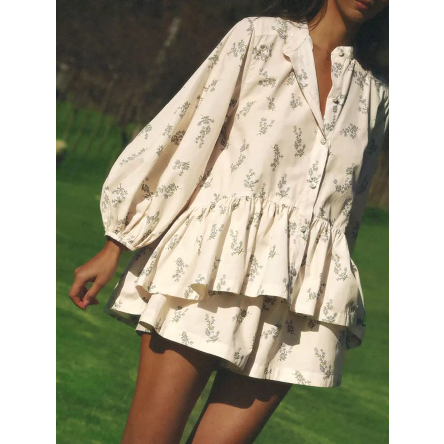 Floral Print Balloon Sleeve Top and Shorts Set Apparel Accessories