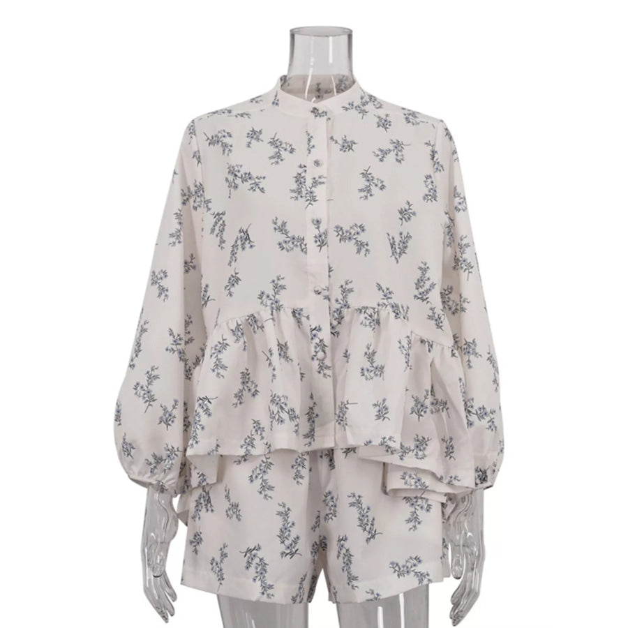 Floral Print Balloon Sleeve Top and Shorts Set Apparel Accessories