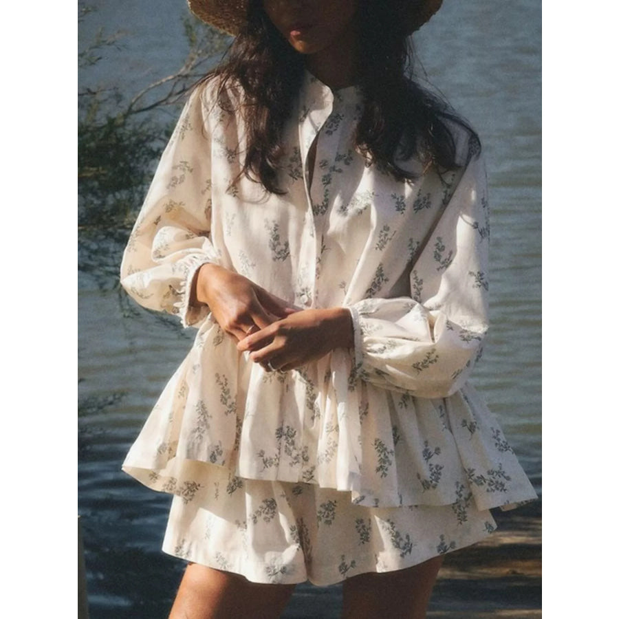 Floral Print Balloon Sleeve Top and Shorts Set Beige / S Apparel Accessories