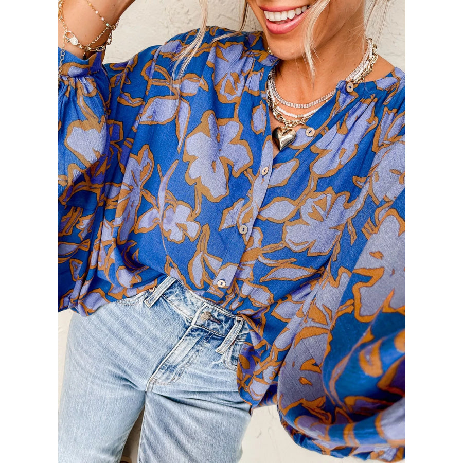 Floral Print Batwing Sleeve Buttoned Loose Fit Shirt Apparel and Accessories