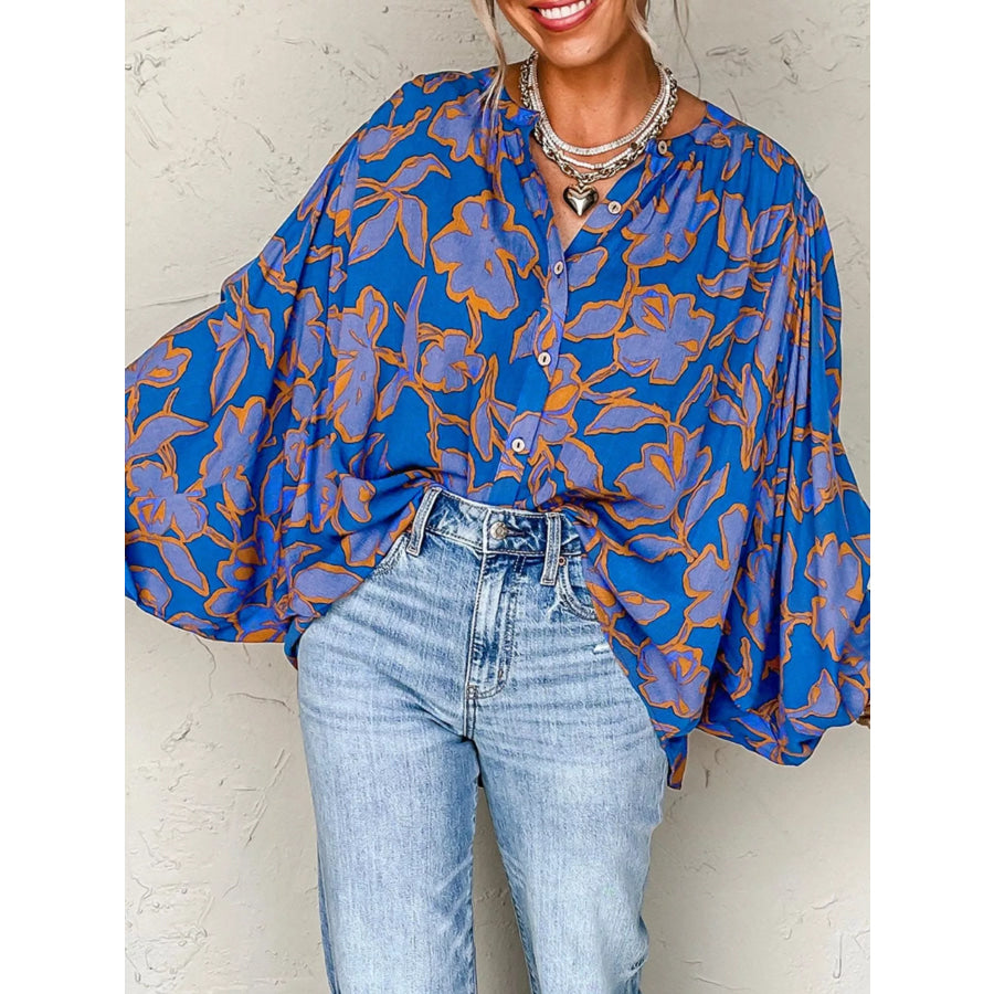 Floral Print Batwing Sleeve Buttoned Loose Fit Shirt Apparel and Accessories