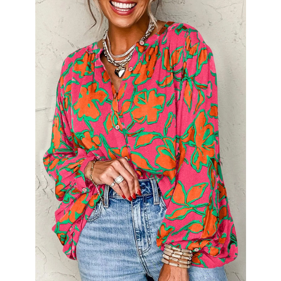 Floral Print Batwing Sleeve Buttoned Loose Fit Shirt Apparel and Accessories