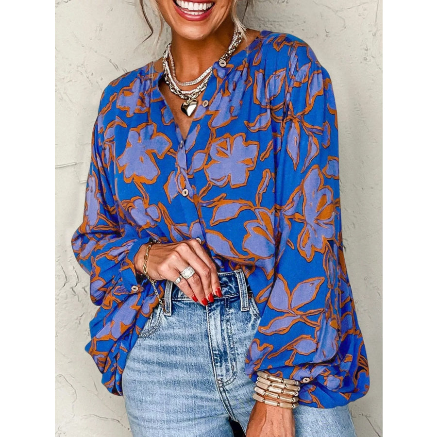 Floral Print Batwing Sleeve Buttoned Loose Fit Shirt Apparel and Accessories