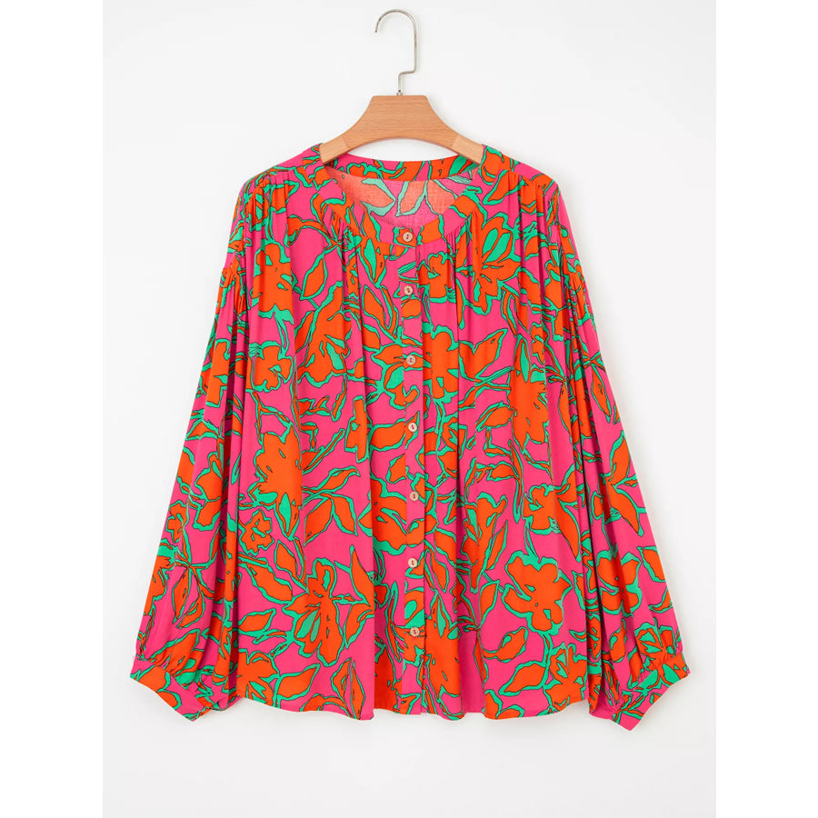 Floral Print Batwing Sleeve Buttoned Loose Fit Shirt Apparel and Accessories