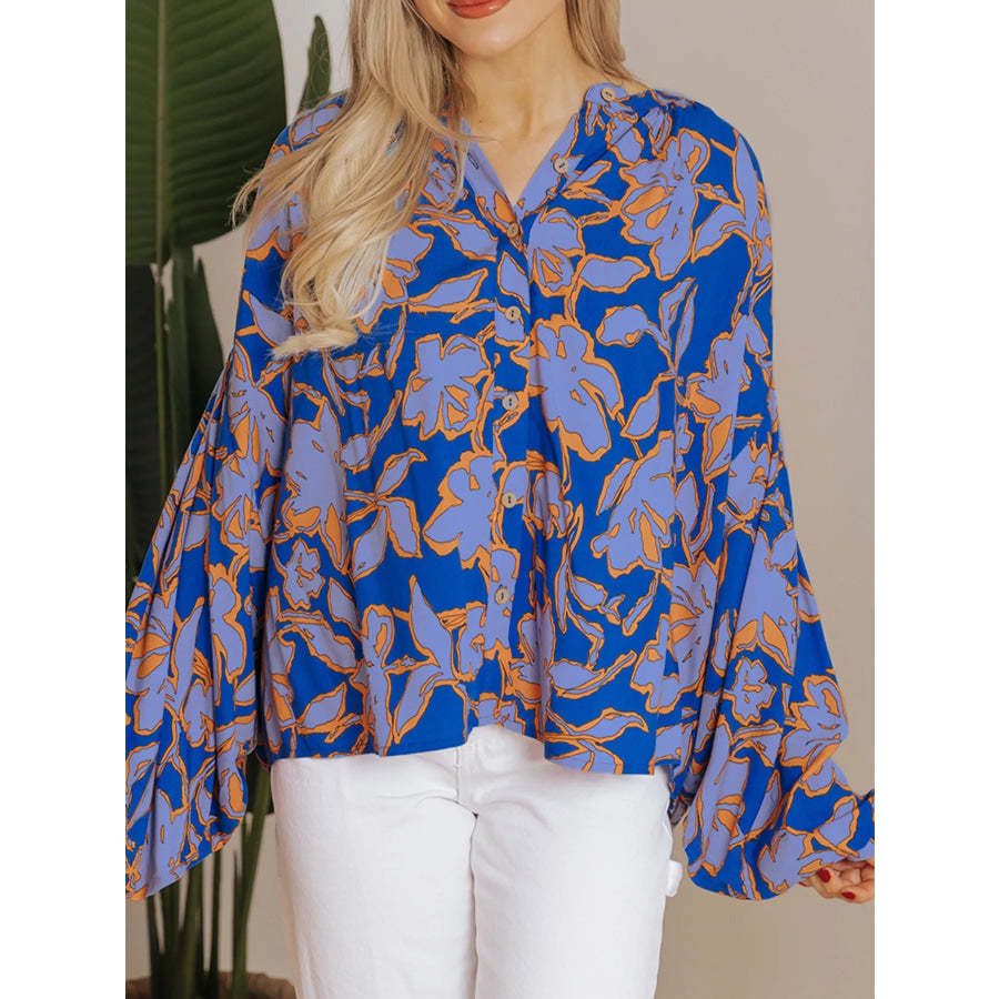Floral Print Batwing Sleeve Buttoned Loose Fit Shirt Blue Purple / S Apparel and Accessories