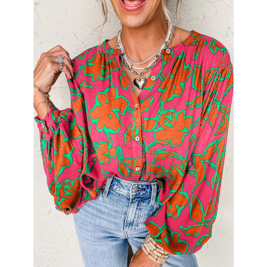 Floral Print Batwing Sleeve Buttoned Loose Fit Shirt Orange / S Apparel and Accessories