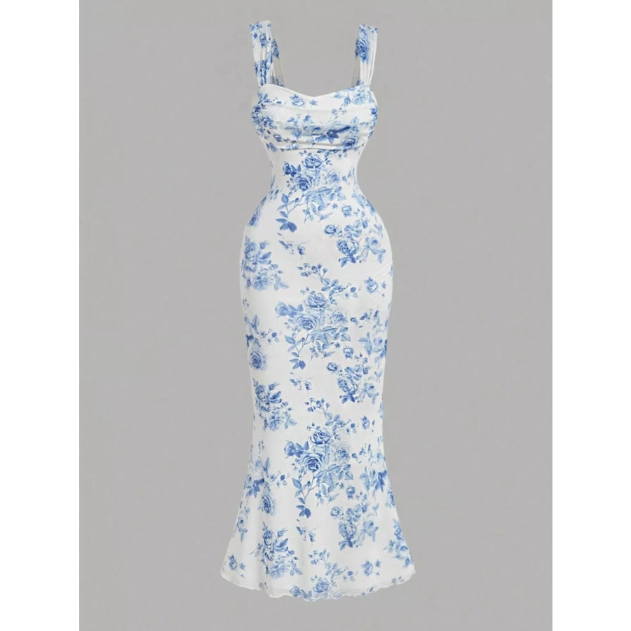 Floral Print Bodycon Midi Dress Blue / S Apparel and Accessories