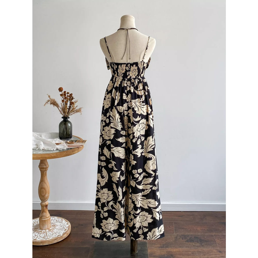 Floral Print Bowknot Wide Leg Jumpsuit Apparel and Accessories