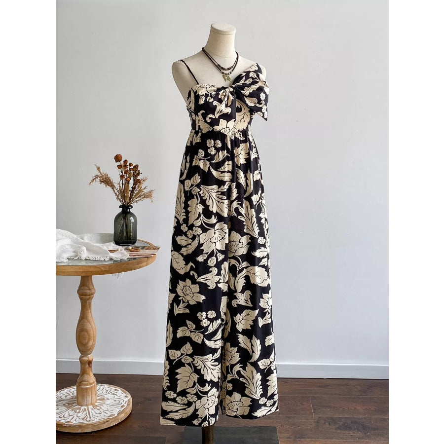 Floral Print Bowknot Wide Leg Jumpsuit Apparel and Accessories