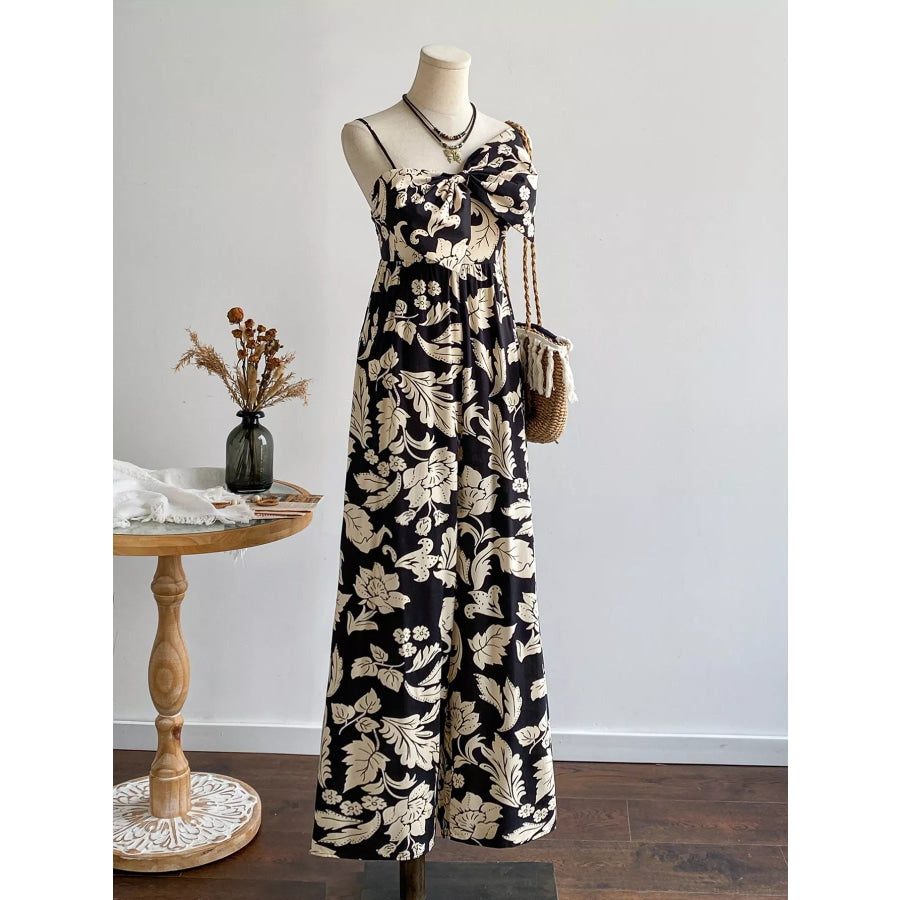 Floral Print Bowknot Wide Leg Jumpsuit Apparel and Accessories