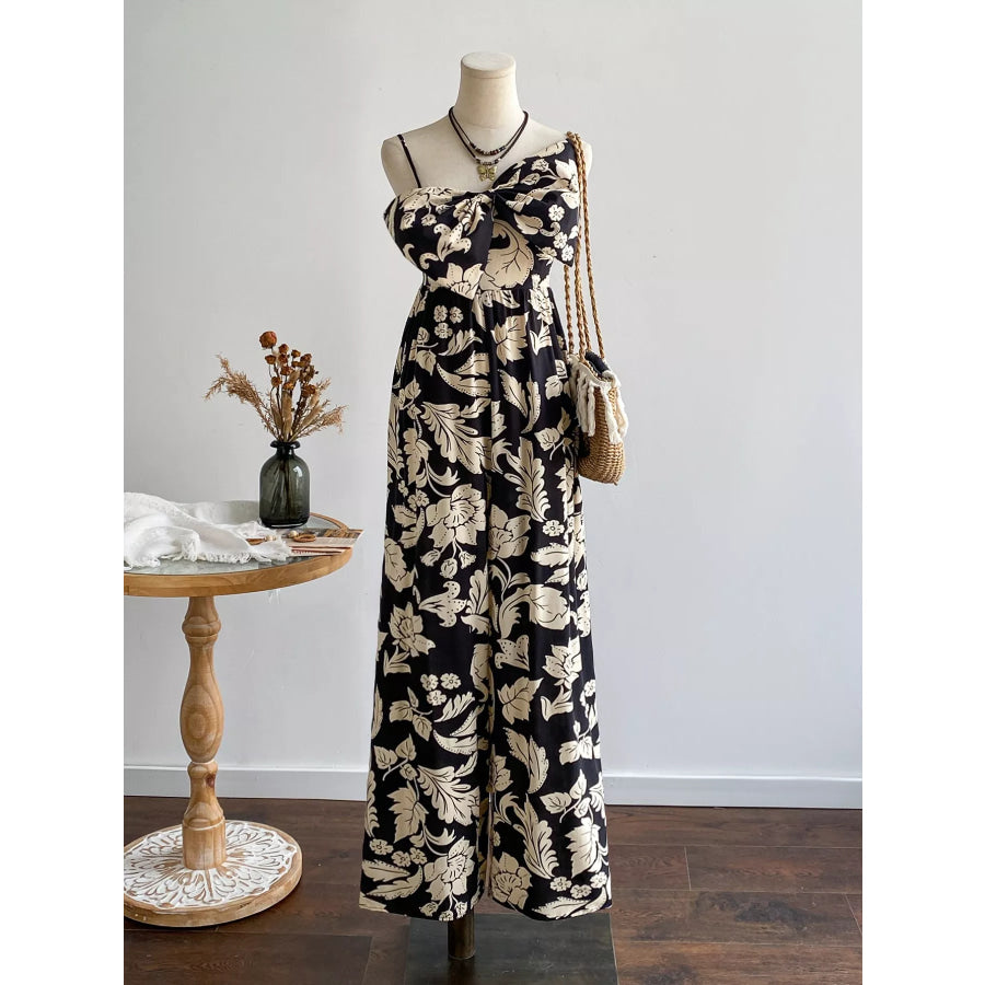 Floral Print Bowknot Wide Leg Jumpsuit Black / S Apparel and Accessories