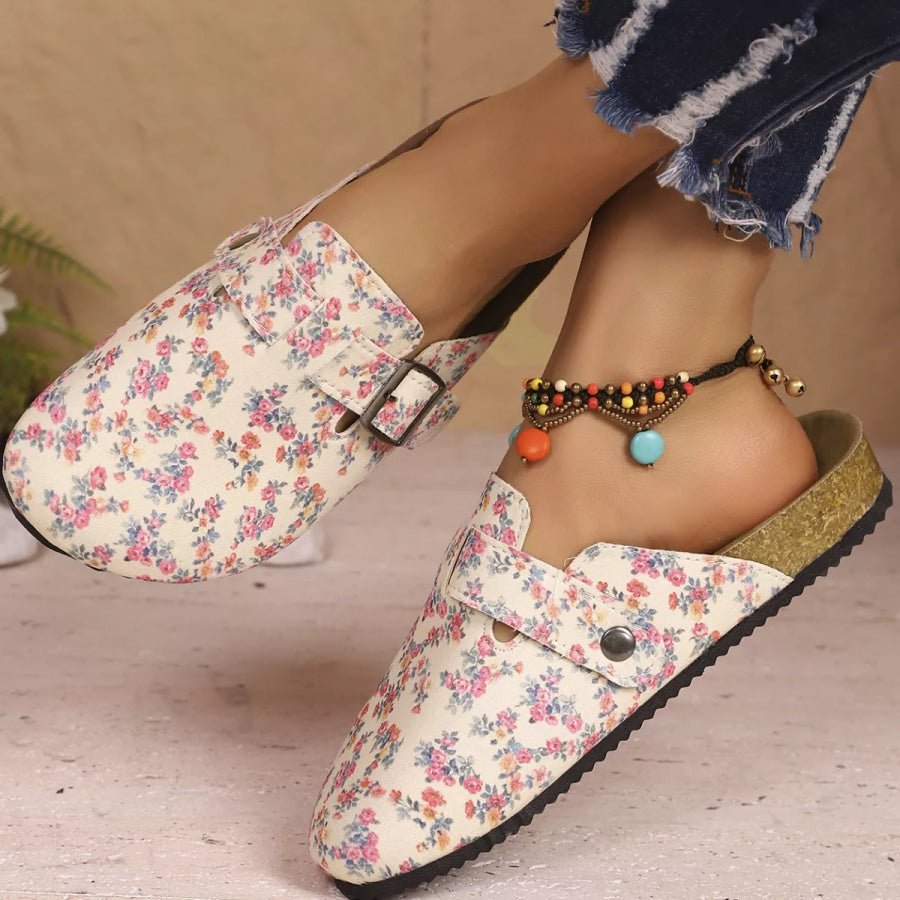 Floral Print Buckle Decor Slip-Ons Apparel and Accessories