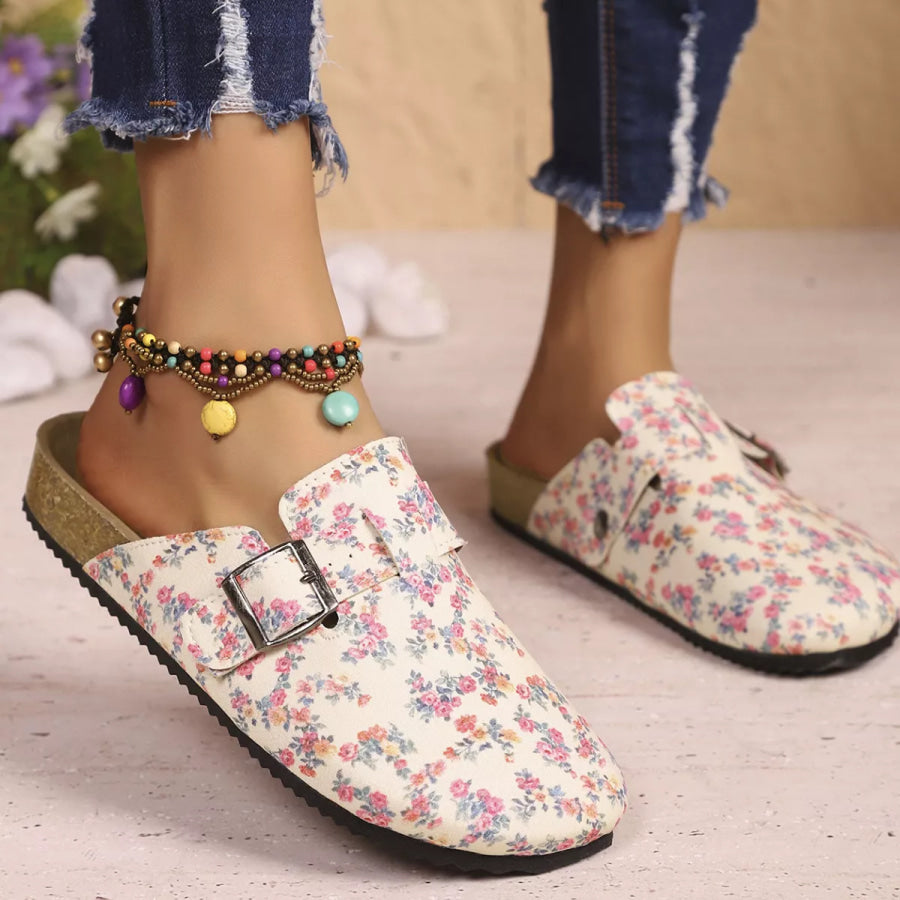 Floral Print Buckle Decor Slip-Ons Apparel and Accessories
