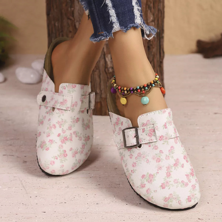 Floral Print Buckle Decor Slip-Ons Beige / 36 Apparel and Accessories