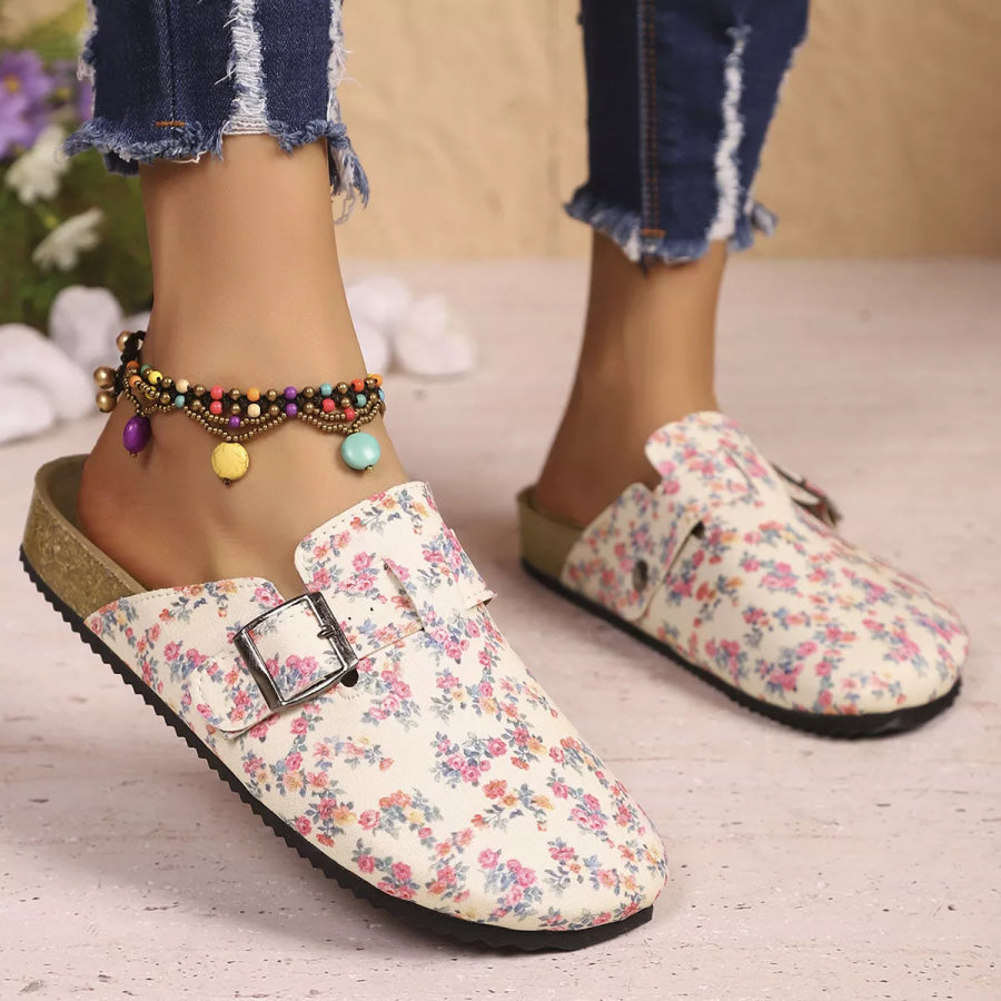 Floral Print Buckle Decor Slip-Ons Pink / 36 Apparel and Accessories