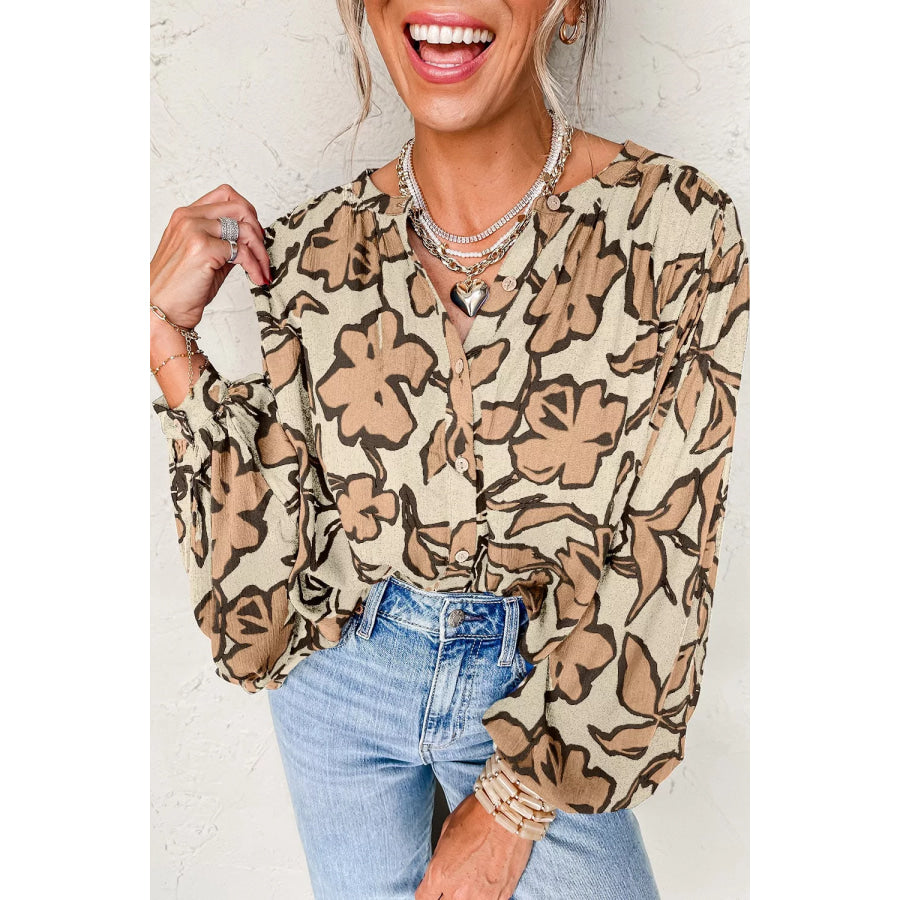 Floral Print Button-Down Long Sleeve Shirt Khaki / XS Apparel and Accessories