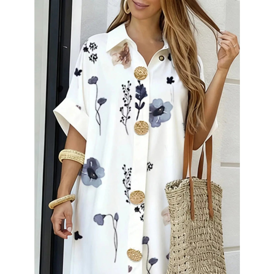Floral Print Button-Down Maxi Shirt Dress Dusty Blue / S Apparel and Accessories