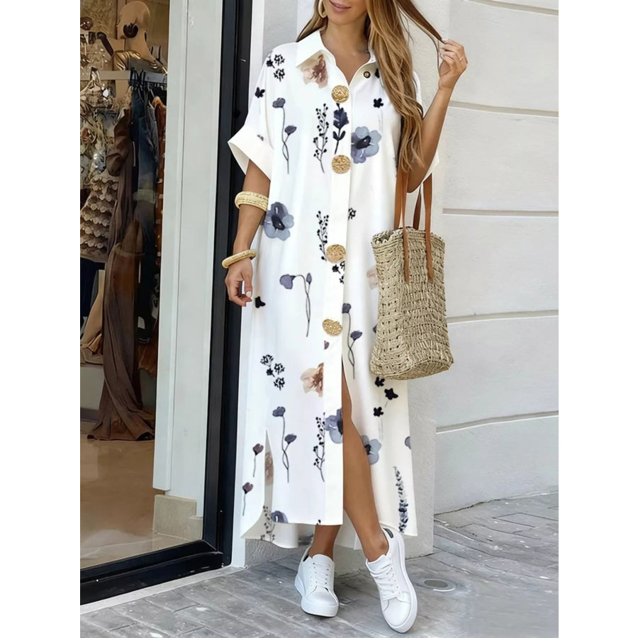 Floral Print Button-Down Maxi Shirt Dress Dusty Blue / S Apparel and Accessories
