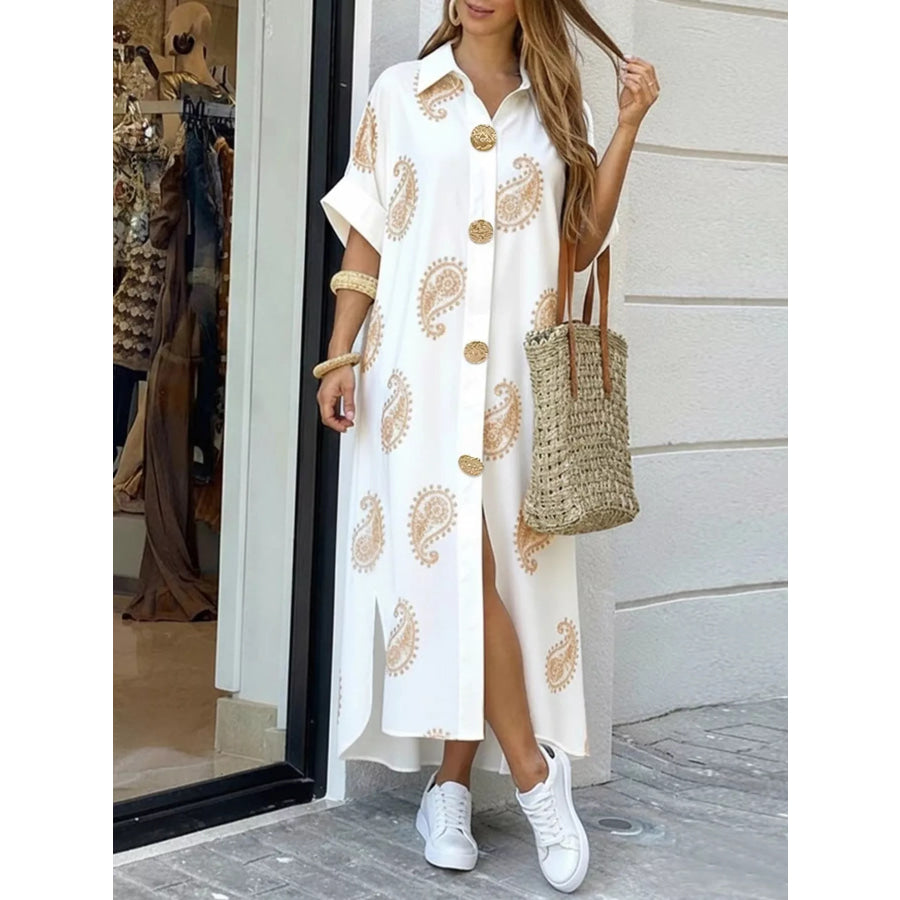 Floral Print Button-Down Maxi Shirt Dress Tan / S Apparel and Accessories