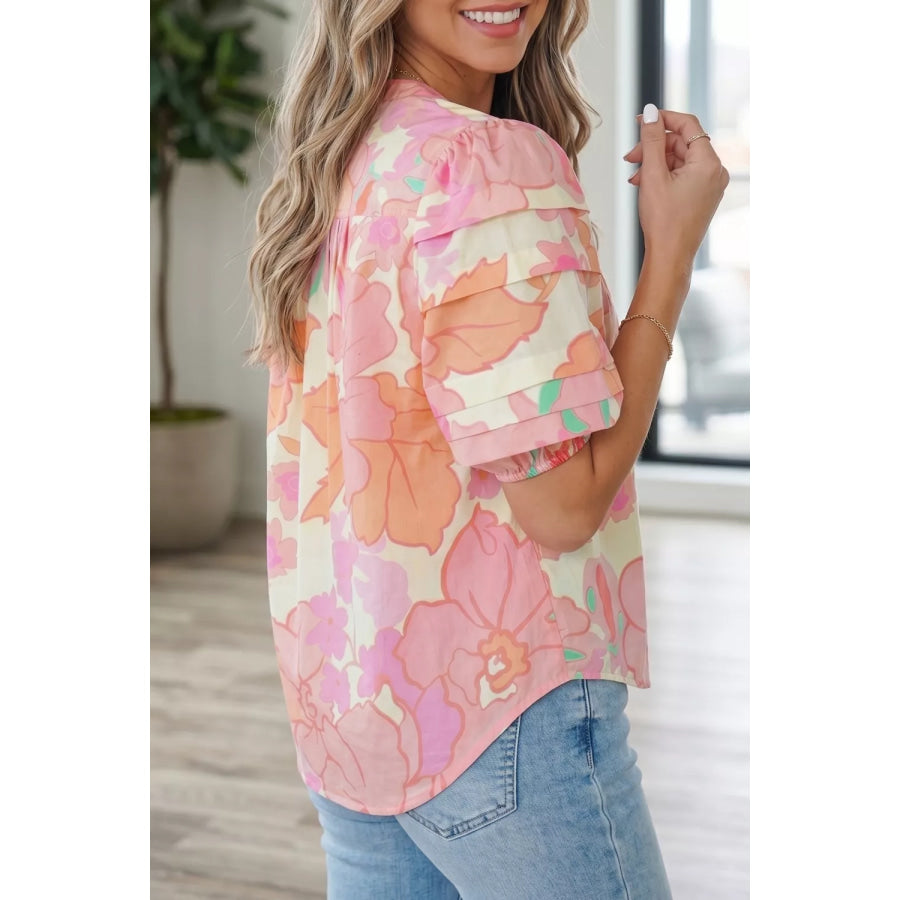 Floral Print Button Down Pintuck Short Sleeve Shirt Apparel and Accessories