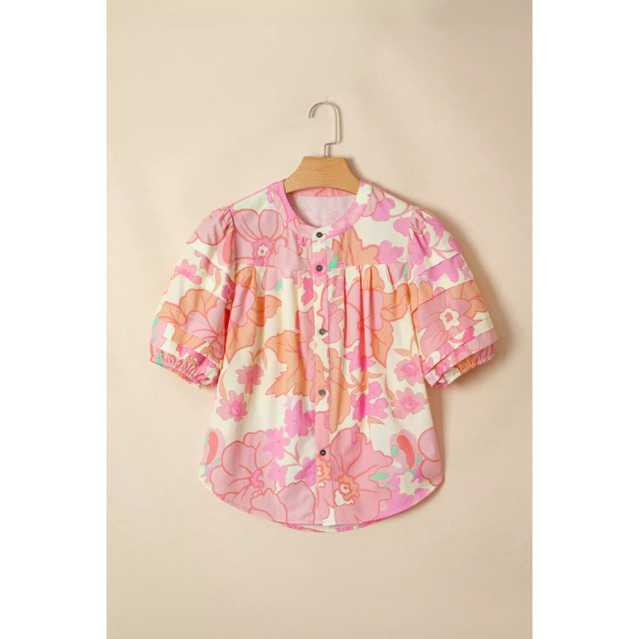 Floral Print Button Down Pintuck Short Sleeve Shirt Apparel and Accessories
