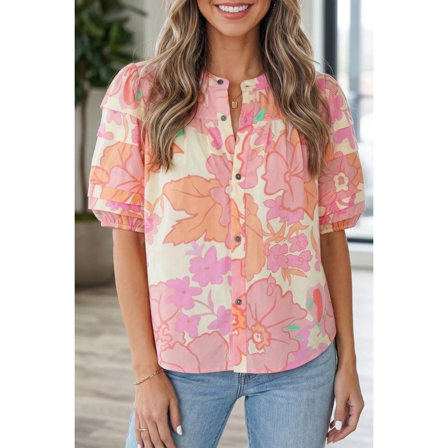 Floral Print Button Down Pintuck Short Sleeve Shirt Dusty Pink / S Apparel and Accessories
