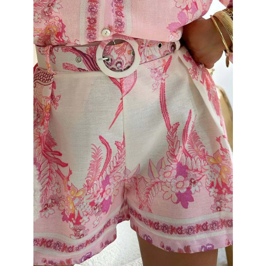 Floral Print Button-Down Shirt and Belted Shorts Two-Piece Set Apparel and Accessories