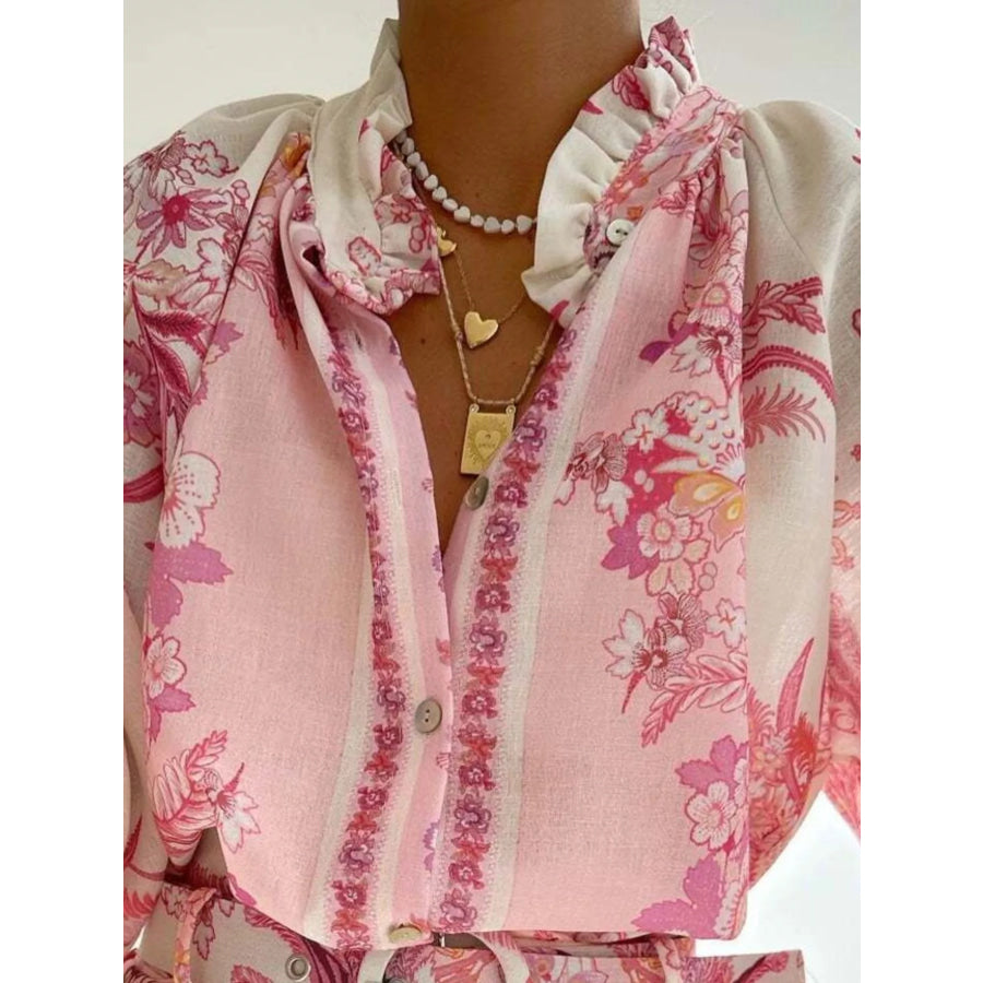 Floral Print Button-Down Shirt and Belted Shorts Two-Piece Set Pink / S Apparel Accessories