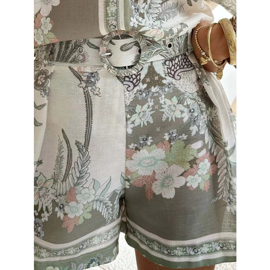 Floral Print Button-Down Shirt and Belted Shorts Two-Piece Set Apparel and Accessories