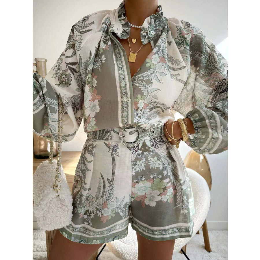 Floral Print Button-Down Shirt and Belted Shorts Two-Piece Set Green / S Apparel and Accessories