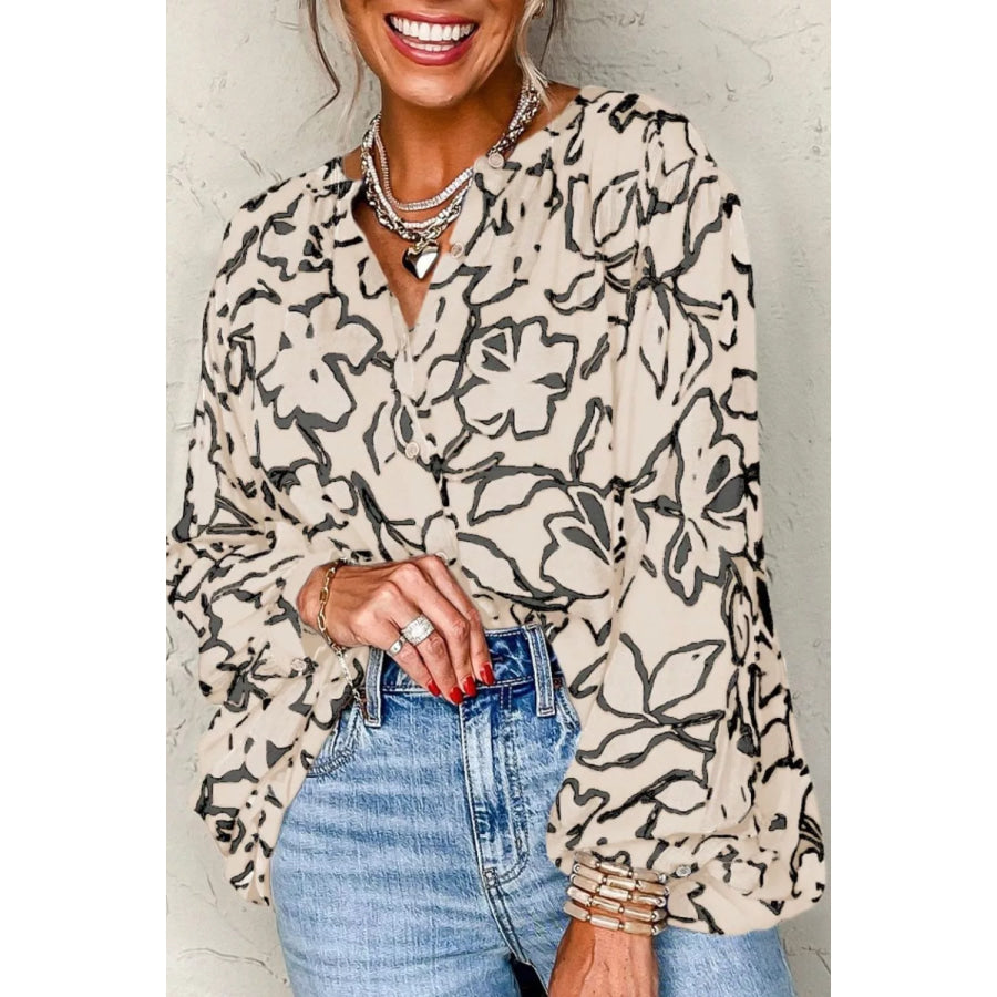 Floral Print Button-Down Shirt Beige / S Apparel and Accessories