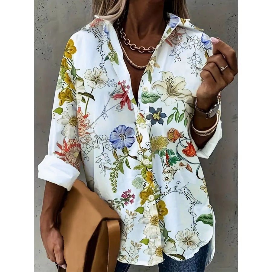 Floral Print Button-Down Shirt White / S Apparel and Accessories