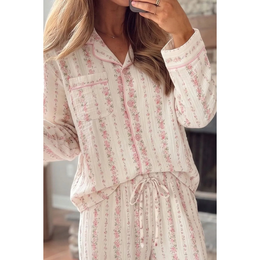 Floral Print Button-Down Top and Pants Loungewear Set Apparel Accessories