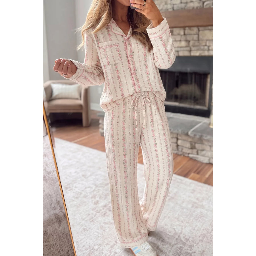 Floral Print Button-Down Top and Pants Loungewear Set Blush Pink / S Apparel Accessories