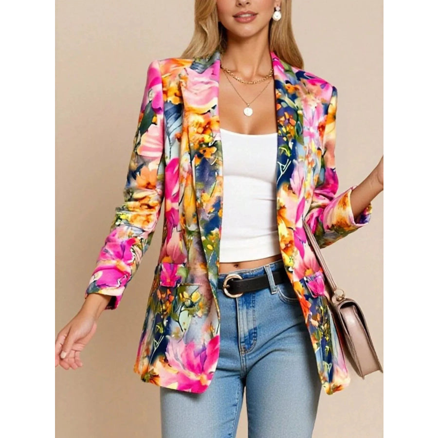 Floral Print Button Up Blazer Hot Pink / S Apparel and Accessories
