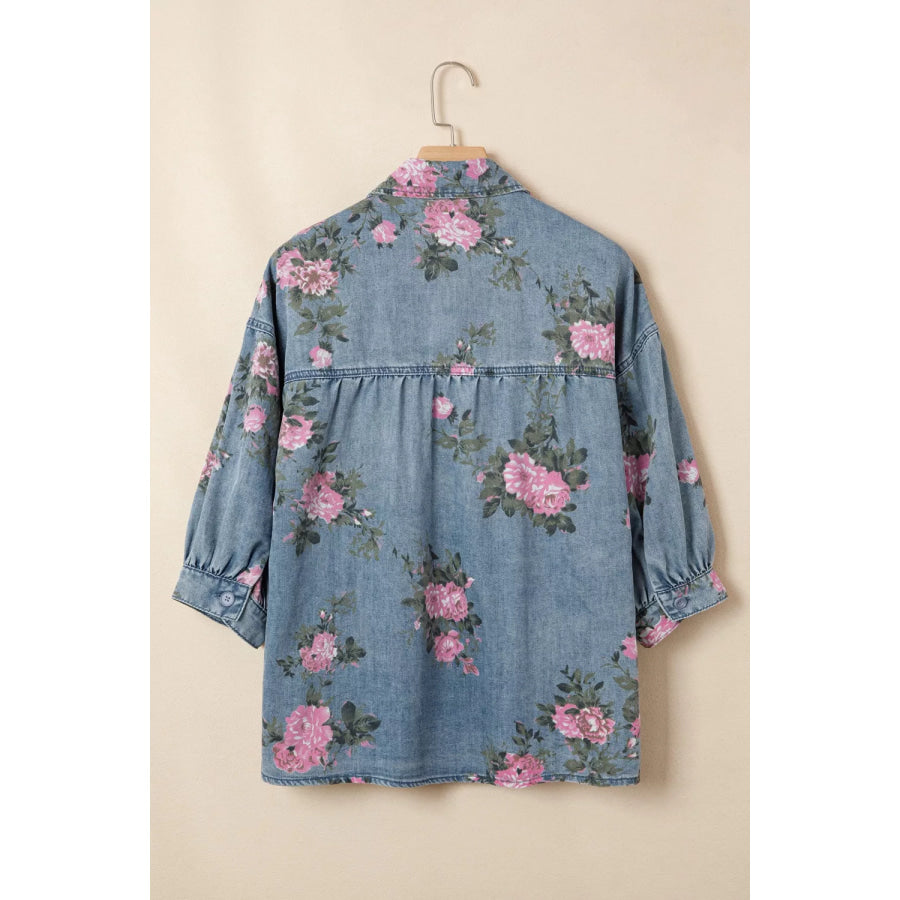 Floral Print Button Up Denim Shirt Apparel and Accessories