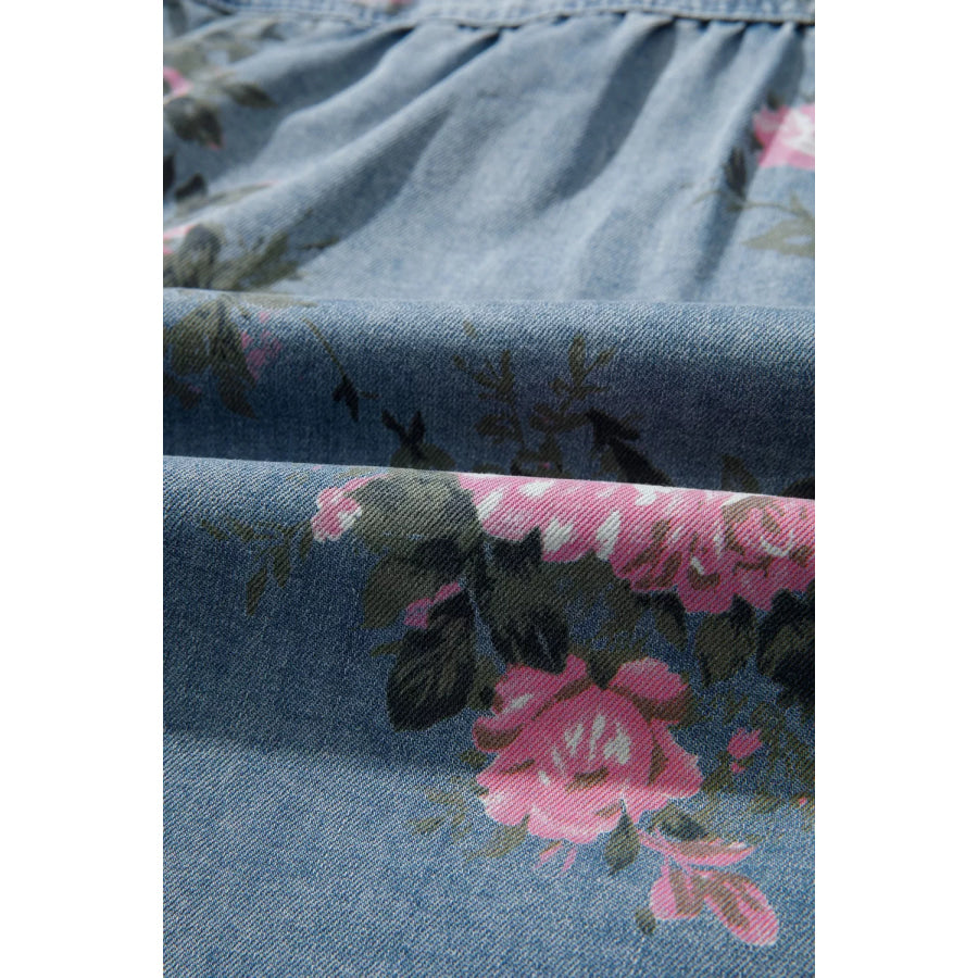 Floral Print Button Up Denim Shirt Apparel and Accessories
