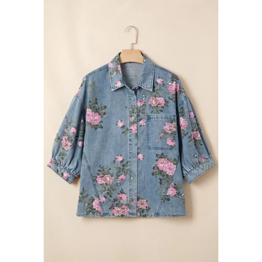 Floral Print Button Up Denim Shirt Apparel and Accessories